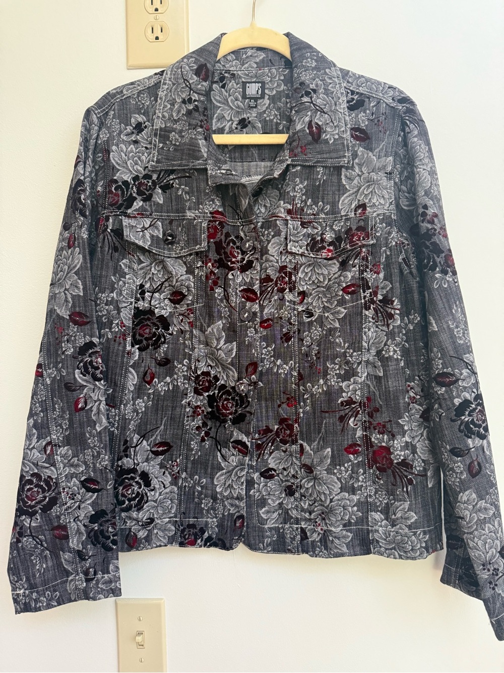 Gumps San Francisco Floral Velvet-Burn-Out Gray Denim Jacket